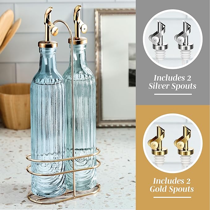 COOK WITH COLOR Glass Olive Oil Bottle Dispenser - 2 Pack- 17oz Oil and Vinegar Cruet - Olive Oil Carafe Decanter for Kitchen, Elegant Fluted, Blue - Image 4