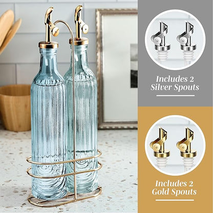 COOK WITH COLOR Glass Olive Oil Bottle Dispenser - 2 Pack- 17oz Oil and Vinegar Cruet - Olive Oil Carafe Decanter for Kitchen, Elegant Fluted, Blue - Image 4