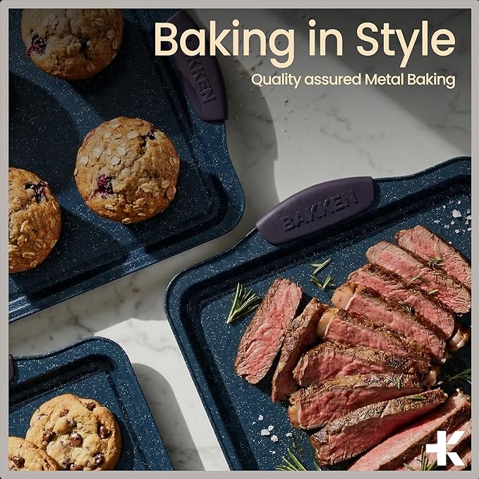 BAKKEN Kitchen Baking Pan Set - Nonstick Coating, Carbon Steel Bakeware Sets with Blue Silicone Handles, Baking Kitchen Essentials, PFOA, PFOS, PTFE Free, Oven Safe Tray (Up To 450° F), Set of 3 - Image 8