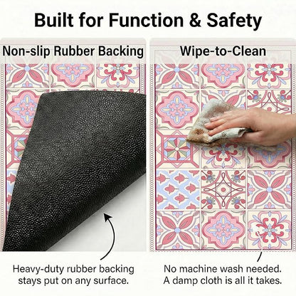 Boho Dish Drying Mat for Kitchen Counter - Super Absorbent Faux Leather Kitchen Mat, Quick Dry & Non-Slip Countertop Protector, Aesthetic Bohemian Decor for Coffee Bar (17"x31.5", Pink)