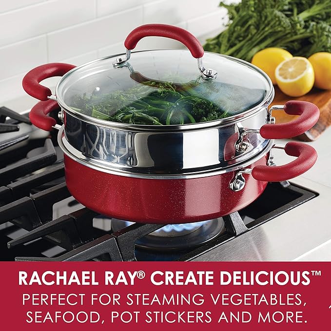 Rachael Ray Create Delicious Aluminum Nonstick Steam Set, 3-Quart, Red Shimmer - Image 2