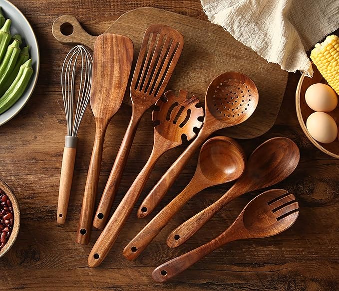 Wooden Kitchen Utensils set, 7Pcs Wooden Spoons for cooking Natural Teak Wood Kitchen Spatula Set for Cooking including Spoon Ladle Fork