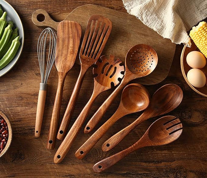 Wooden Kitchen Utensils set, 7Pcs Wooden Spoons for cooking Natural Teak Wood Kitchen Spatula Set for Cooking including Spoon Ladle Fork