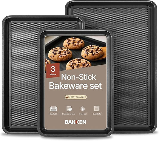 BAKKEN Kitchen Baking Pans - Small, Medium, and Large Cookie Pan (13.58×9.65, 15.75×11, 17.91×12.60), Nonstick, Diamond Texture Bottom, PFOA, PFOS, PTFE Free, Oven Safe Tray (450°F), Pack of 3, Gray by Unknown