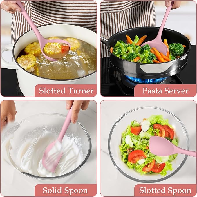 LIANYU Kitchen Silicone Utensils Set, 8Pcs Cooking Utensils Spatula Set for Nonstick Cookware, Heat Resistant Kitchen Gadgets Include Silicone Spoon, Turner, Spatula, Ladle, Dishwasher Safe, Pink - Image 6