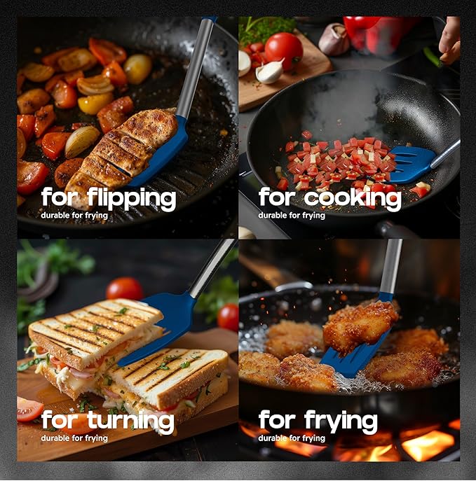 BakeRoyal Silicone Spatula Set - Turner Spatulas Silicone Heat Resistant 600°F - Slotted & Solid Spatula for Cooking Fish, Eggs, Pancakes Flipper – Spatulas for kitchen use – Royal Blue - Image 3