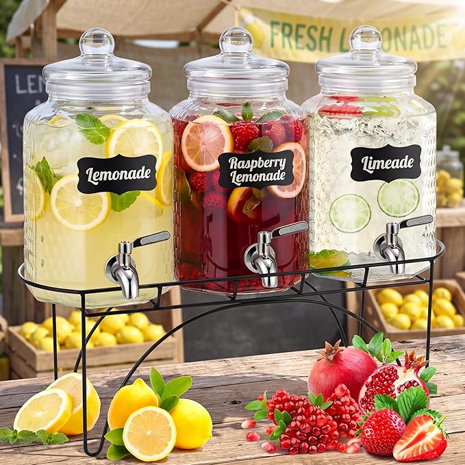 3 Pcs 1 Gallon Beverage Dispensers Glass Drink Dispenser with Stand Large Clear Drink Containers for Parties Glass Jug with Spigot and Lid for Party Bar Juice Lemonade Punch Water Tea