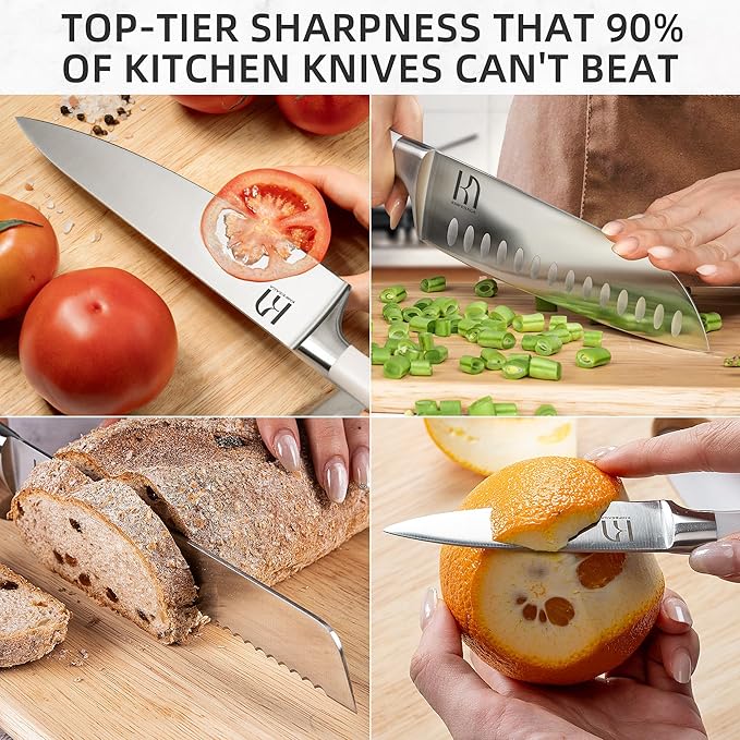 Knife Set, Premium 15 Piece Japanese High Carbon Stainless Steel Knives Set for Kitchen with Block and Sharpener, Razor Sharp Kitchen Knife Block Sets with Ergonomic Full-tang Handle, White - Image 4