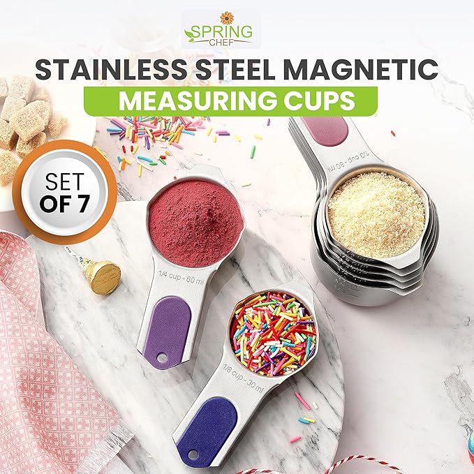 Spring Chef Magnetic Stainless Steel Measuring Cups, Patented, Kitchen Tools with Easy to Read Markings for Measuring Dry or Liquid Ingredients, Set of 7, Mountain Sunrise - Image 2