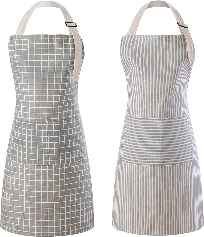 Tosewever 2 Pieces Kitchen Cooking Aprons, Waterproof Linen Adjustable Bib Aprons with 2 Pockets for Women Men Chef (Grey Stripes/Plaids, 2)