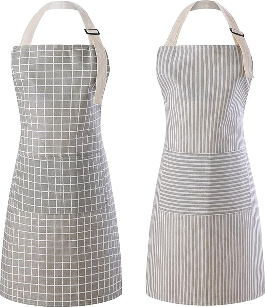Tosewever 2 Pieces Kitchen Cooking Aprons, Waterproof Linen Adjustable Bib Aprons with 2 Pockets for Women Men Chef (Grey Stripes/Plaids, 2)