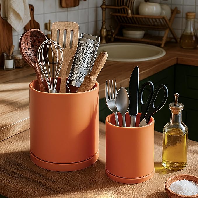 D'vine Dev 360° Rotating Utensil Holder Set – 7.2"+5" Kitchen Utensil Crocks for Countertop, Modern Cooking Tool Organizers for Kitchen Storage +Décor, Pumpkin, Set of 2, 72-Z-E-1 - Image 2