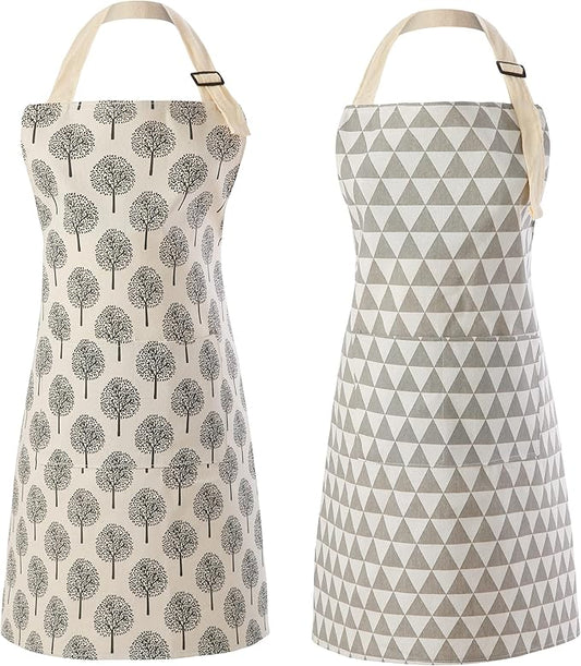 Tosewever 2 Pieces Cotton Linen Waterproof Bib Apron with 2 Pockets - Long Ties Adjustable Neck Strap - Unisex Cooking Kitchen Decorative Pattern Aprons for Women Chef (Triangle/Tree, 2)