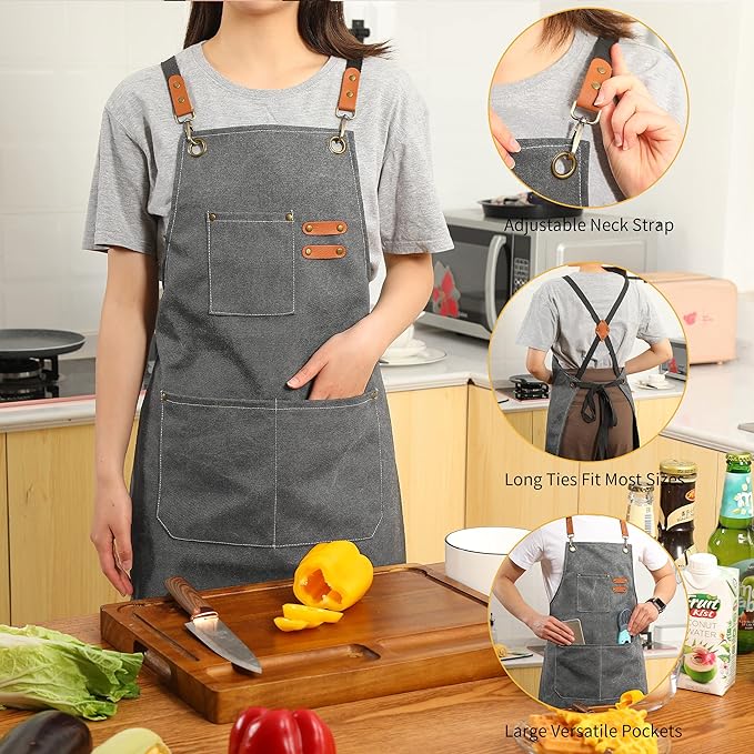 Tosewever Canvas Cross Back Chef Cotton Aprons for Men Women with Large Pockets - Image 3