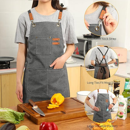 Tosewever Canvas Cross Back Chef Cotton Aprons for Men Women with Large Pockets - Image 3