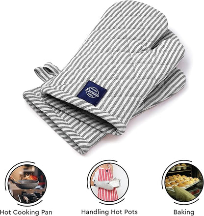 Encasa XO Long 12"x7" Oven Microwave Hand Gloves Mitts (2 pc Set) for Kitchen Cooking & Baking - Heat Resistant, Thick & Safe, Protection of Hands from Hot Utensils - Ticking Black