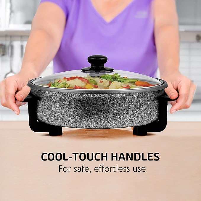 OVENTE 11.5-Inch Electric Skillet & Frying Pan, 1400W Nonstick Cooking Pan with Adjustable Temperature Control, Tempered Glass Lid with Steam Vent, Cool-Touch Handles, Easy-Clean Black SK11112B - Image 7