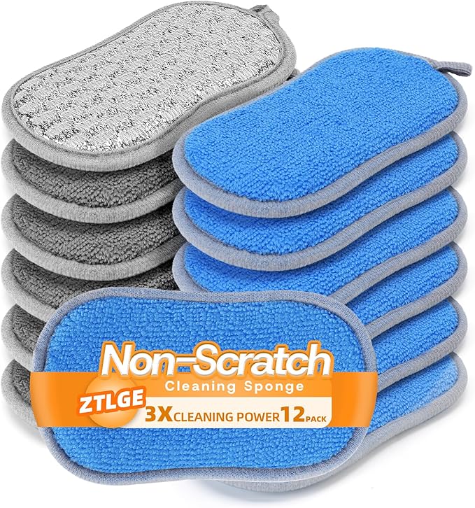 Multi-Purpose Scrub Kitchen Sponges – 12 Pack Dish Sponge, Dual-Sided Non-Scratch Microfiber & Metal Scrubber, Reusable Sponges for Dishes, Pots, Glass, Sink, Stovetop & Bathroom (Blue+Sliver) by Unknown