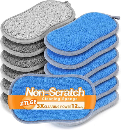 Multi-Purpose Scrub Kitchen Sponges – 12 Pack Dish Sponge, Dual-Sided Non-Scratch Microfiber & Metal Scrubber, Reusable Sponges for Dishes, Pots, Glass, Sink, Stovetop & Bathroom (Blue+Sliver) by Unknown