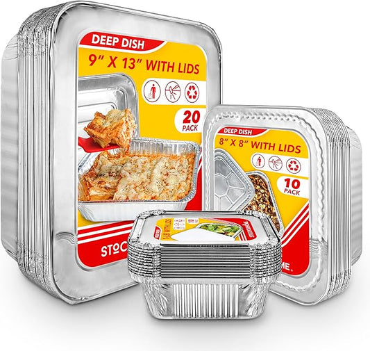 Stock Your Home Disposable Foil Pans with Lids (Set of 40) Heavy Duty Aluminum Pans with Lids (20) 9x13, (10) 8x8, (10) 1-Lb Baking Tins with Covers for Cooking, Heating, Storing, Holiday Dinner Meals by StockYourHome