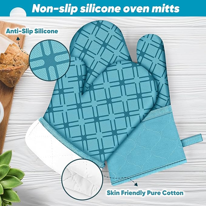 Oven Mitts and Pot Holders Set with Dishcloths, 500 Degree Heat Resistant Oven Gloves and Hot Pads, Premium Soft Cotton Kitchen Mittens and Dish Cloth Sets-Lake Blue - Image 3