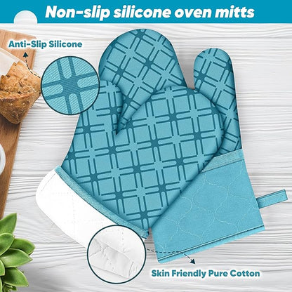 Oven Mitts and Pot Holders Set with Dishcloths, 500 Degree Heat Resistant Oven Gloves and Hot Pads, Premium Soft Cotton Kitchen Mittens and Dish Cloth Sets-Lake Blue - Image 3