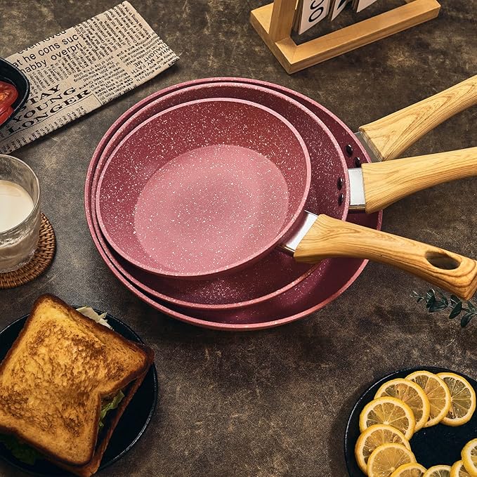 Frying Pan Nonstick Set, 8" & 9.5" & 11" Pink Egg Pan, Non Stick Fry Pan Set PFOA-Free Omelet Pan, Toxin-Free Skillets Stone Cookware, Anti-Warp Base with All Stove Tops Available,Induction Compatible - Image 6