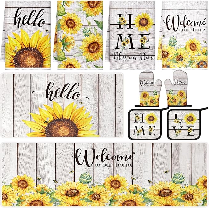 Fourluoo 10 Pcs Farmhouse Sunflower Kitchen Decor Set Sunflower Kitchen Towels and Rugs Oven Mitts Pot Holders for Cooking Baking Grilling Gift