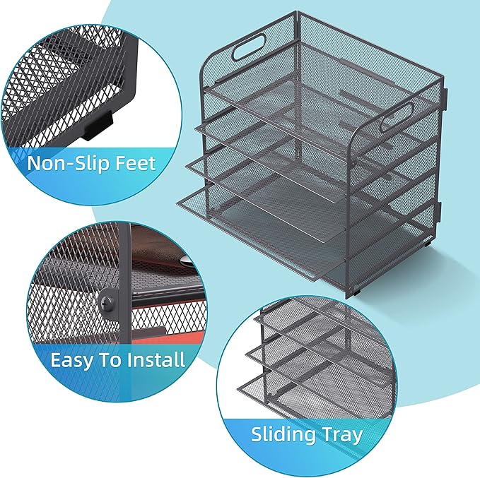 Supeasy 5 Trays Paper Organizer Letter Tray with Handle-Mesh Desk File Organizer, Grey Paper Sorter Desk Organizer for Office, Home or School - Image 3