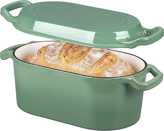 VORRINGARD Oval Dutch Oven Pot with Lid, Enamel Coating Cast Iron Bread Pans for Homemade Sourdough Bread Baking, Cooking, 4 Quart, Sage Green
