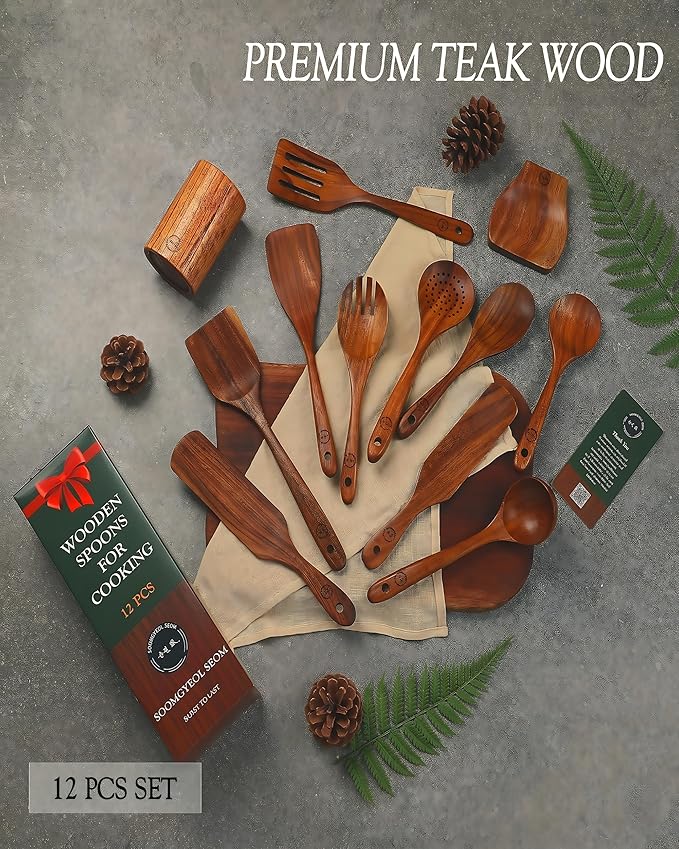 12-Piece Natural Teak Wood Utensil Set with Holder & Rest - Nonstick Cooking Spoons, Spurtles, Heat Resistant Tools - Image 2