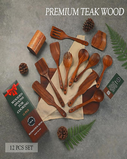 12-Piece Natural Teak Wood Utensil Set with Holder & Rest - Nonstick Cooking Spoons, Spurtles, Heat Resistant Tools - Image 2