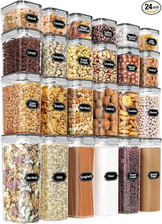 PRAKI Airtight Food Storage Containers Set with Lids - 24 PCS, BPA Free Kitchen and Pantry Organization, Plastic Leak-proof Canisters for Cereal Flour & Sugar - Labels & Marker(Grey) by PRAKI