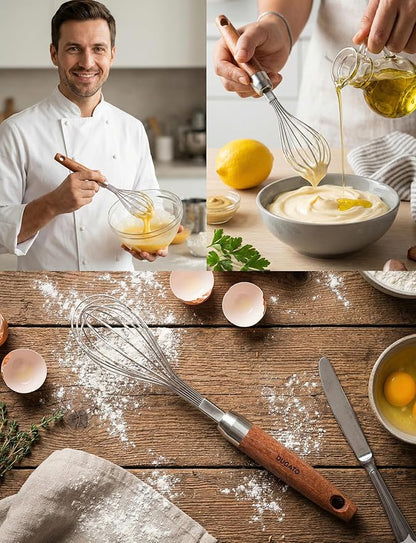 Egg Whisk, 10" Long Wire Whisk Stainless Steel, Small Balloon Whisking Tool with Wooden Handle, Perfectly Sized for 1-Cup Measuring Cups, Scrambling Eggs & Small Sauces