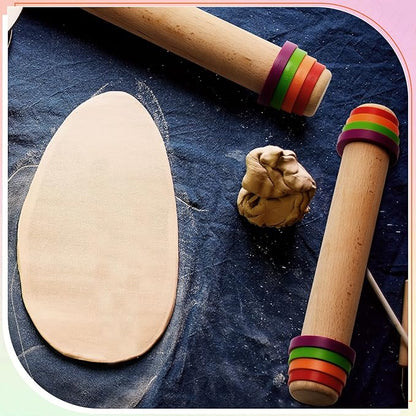 Ireer Adjustable Rolling Pin with Thickness Rings 12 Inch Wood Rolling Pin Wooden Round Tube Roller Clay Tool Pottery Rolling Mud Stick with Spacer Bands for Bar Art DIY Ceramics Craft Sculpting