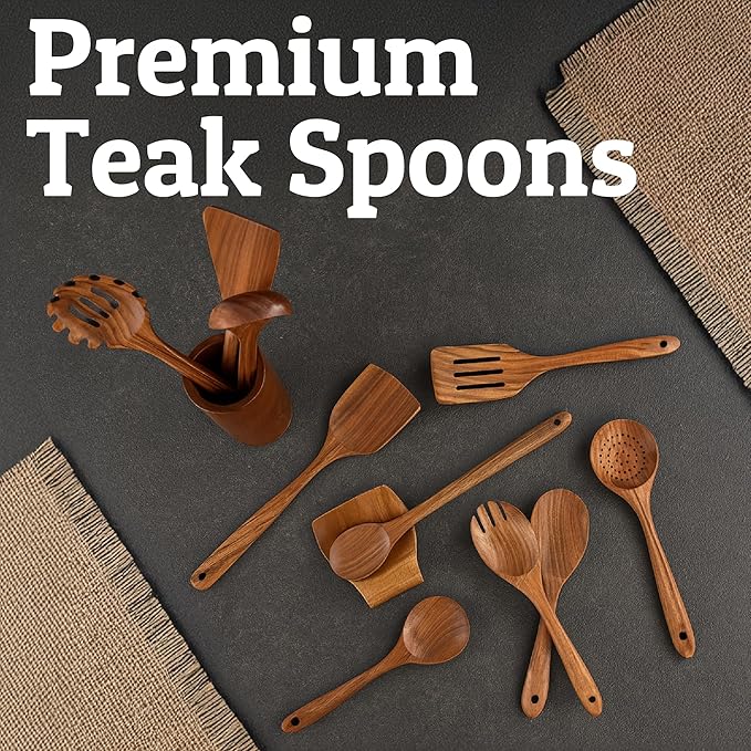 PriorityChef Wooden Spoons for Cooking, Premium 8pc Teak Wood Utensil Set with Hanging Hooks, Utensil Holder and Spoon Rest - Image 8