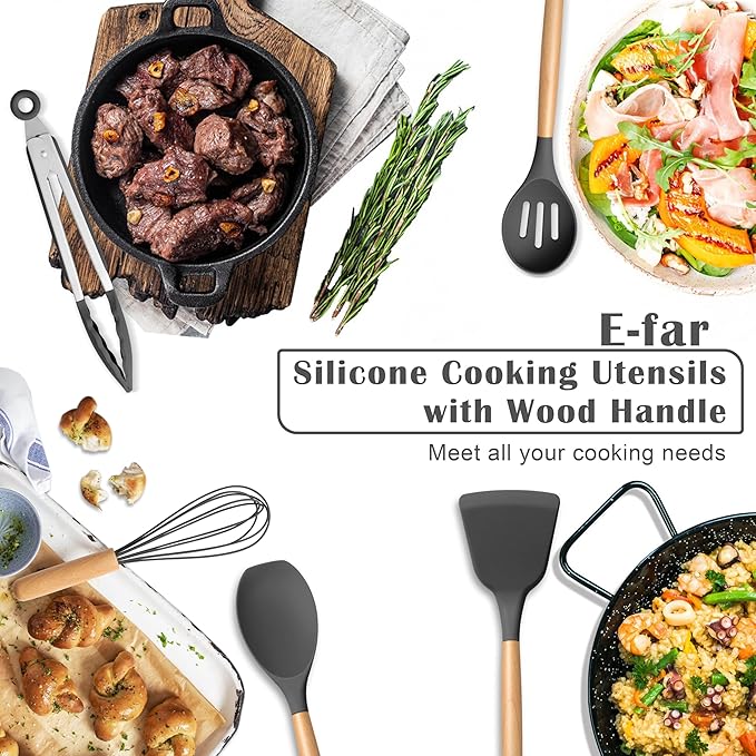 E-far Gray Silicone Cooking Utensils Set, 10-Piece Kitchen Utensils Set with Wooden Handle for Nonstick Cookware, Heat Resistant Kitchen Nonstick Tools Spatula Whisk Tongs Ladle, Non-toxic & Healthy - Image 7