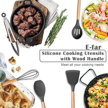E-far Gray Silicone Cooking Utensils Set, 10-Piece Kitchen Utensils Set with Wooden Handle for Nonstick Cookware, Heat Resistant Kitchen Nonstick Tools Spatula Whisk Tongs Ladle, Non-toxic & Healthy - Image 7