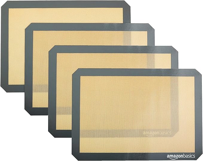 Amazon Basics Non-Stick Silicone Baking Mat, Food Safe, Dishwasher Safe, Heat Resistant, 16.5" x 11.6", Beige/Gray, Rectangular, 4-Pack by AmazonBasics