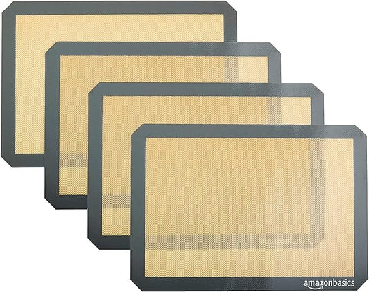 Amazon Basics Non-Stick Silicone Baking Mat, Food Safe, Dishwasher Safe, Heat Resistant, 16.5" x 11.6", Beige/Gray, Rectangular, 4-Pack by AmazonBasics