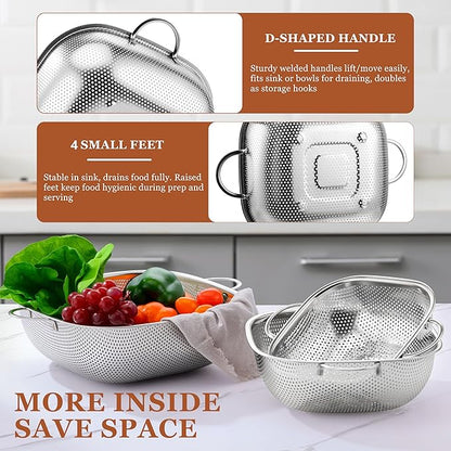 E-far 4QT Square Stainless Steel Colander - Metal Strainer with Handle for Draining Pasta & Vegetables, Micro-Perforated & Elevated Feet, Dishwasher Safe - Image 6