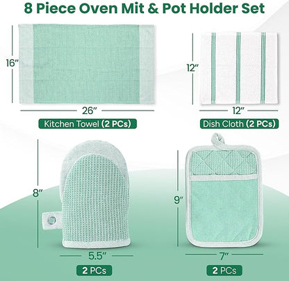 Casa Platino Potholders & Oven Mitts Heat Resistant, 8-Piece Mini Oven Mitt with Silicone Grip, Potholder for Kitchens, 2 Kitchen Towels & 2 Dish Cloths – Durable & Non-Slip – Sage