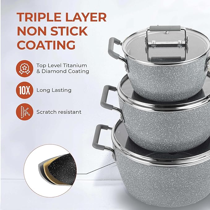 Granitestone Gray Pots and Pans Set Nonstick, 6 Stackable Piece Cooking Pots Set, Kitchen Pots, Non Stick Coating, 5qt 3qt & 1.5qt Pots with Lids, Stay Cool Handles Dishwasher Safe 100% Toxin Free - Image 3