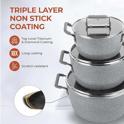 Granitestone Gray Pots and Pans Set Nonstick, 6 Stackable Piece Cooking Pots Set, Kitchen Pots, Non Stick Coating, 5qt 3qt & 1.5qt Pots with Lids, Stay Cool Handles Dishwasher Safe 100% Toxin Free - Image 3
