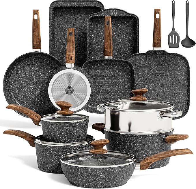 MAISON ARTS 17 Piece Pots and Pans Set Non Stick, Kitchen Cookware Sets with Nonstick Granite Stone Coating, Suitable for Induction Cooktops, Black by MAISONARTS