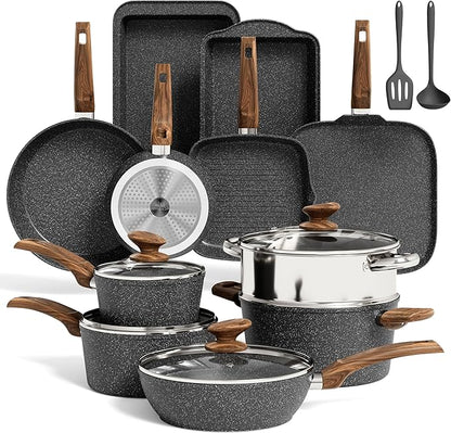 MAISON ARTS 17 Piece Pots and Pans Set Non Stick, Kitchen Cookware Sets with Nonstick Granite Stone Coating, Suitable for Induction Cooktops, Black by MAISONARTS