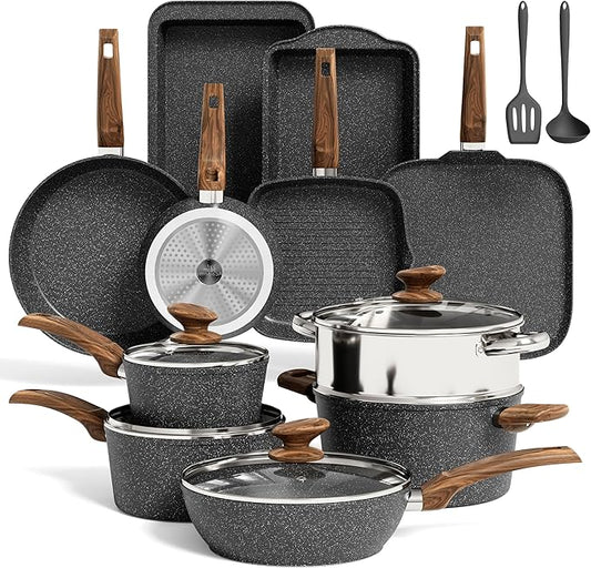 MAISON ARTS 17 Piece Pots and Pans Set Non Stick, Kitchen Cookware Sets with Nonstick Granite Stone Coating, Suitable for Induction Cooktops, Black by MAISONARTS