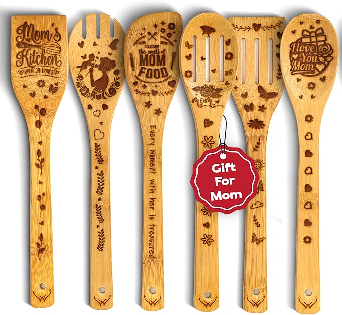 Cooking Gifts For Mom Wooden Spoons for Cooking 6-Piece - Bamboo cooking utensils with Spatulas & Spoons, Wooden Utensils, Heat-Resistant, Eco-Friendly Kitchen Utensils - Christmas Gifts by WOODLANDSUSA