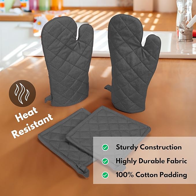 Native Fab Farmhouse Oven Mitts and Pot Holders Set of 4, Heat Resistant Non-Slip Machine Washable, 100% Cotton Kitchen Pot Holders Oven Mitts Sets Grey - Image 5