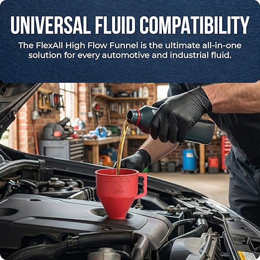 TEC Products FlexAll Short Neck Funnel - Flexible Funnel w/ Hose for Automotive Use - Durable Nitrile Rubber - Car Oil Change, Transmission Fluid, Diesel, Gas - USA Made - Small (8.3 x 4.3 Inches)